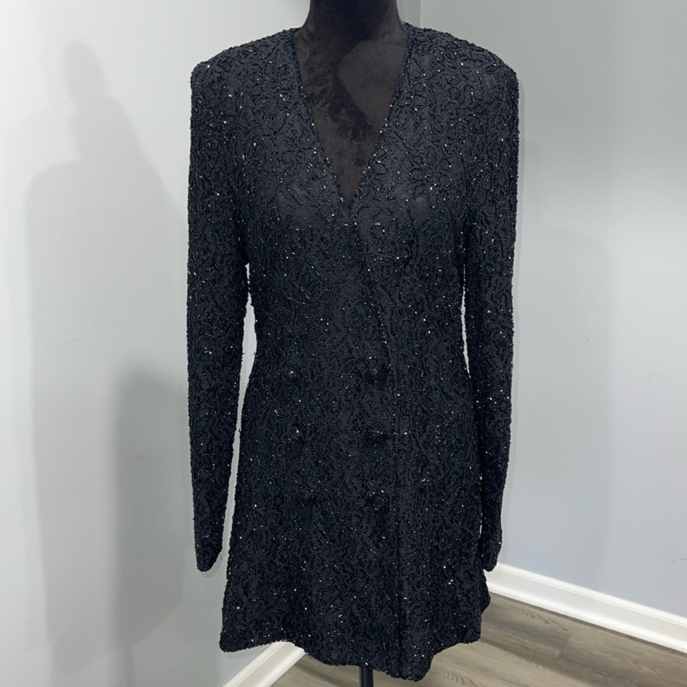 Carmen Marc Valvo beaded lace blazer jacket double breasted vintage 1990s